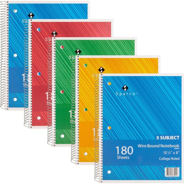 Sparco Notebook, 5 Subject, 10-1/2"x8", College Ruled, 180 Sheet, 5/BD, AST (SPR83255BD)