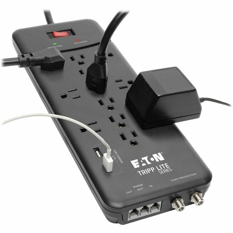 Tripp Lite series Protect It! TLP128TTUSBB 12-Outlet Surge Suppressor/Protector, 12 x NEMA 5-15R, 2 x USB, 1800 VA, 4320 J, 120 V AC Input, Phone/Fax/Modem/DSL, Coaxial Cable Line, 8 ft (TRPTLP128TTUSBB) Each