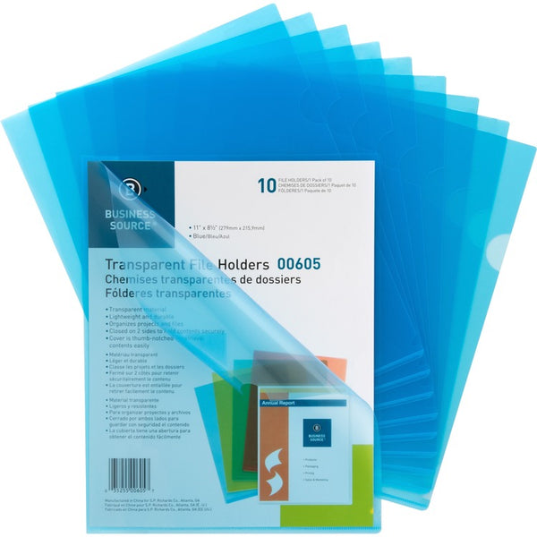 Business Source File Holders, Poly, Transparent, 11"x8-1/2", 10/PK, Blue (BSN00605) Pack of 10
