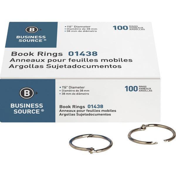 Business Source Book Rings, 1-1/2" Diameter, 100/BX, Silver (BSN01438) Box of 100