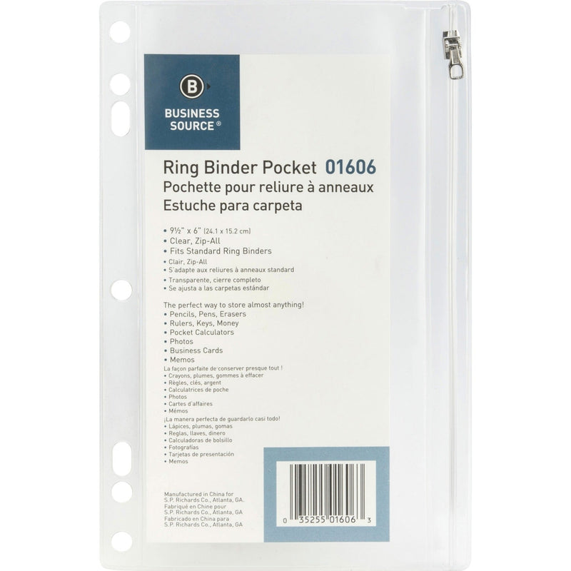 Business Source Ring Binder Pocket,w/Zipper,Plastic,7HP,9-1/2"x6",Clear (BSN01606) Each