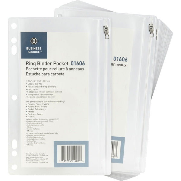 Business Source Ring Binder Pockets,w/Zipper,Plastic,7HP,9-1/2"x6",24/BX,Clear (BSN01606BX) Box of 24