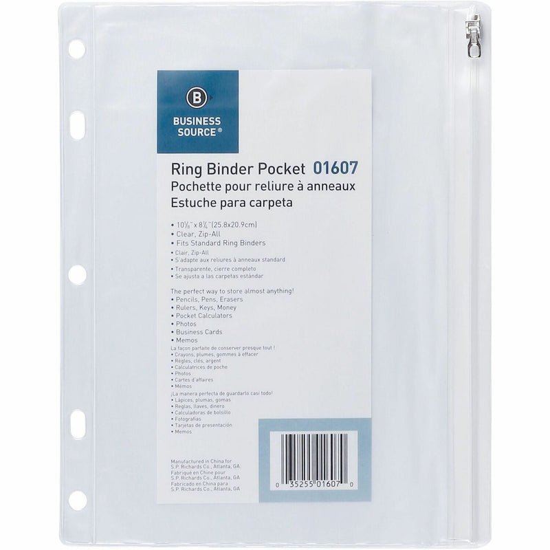 Business Source Ring Binder Pocket,w/Zipper,Plastic,7HP,10"x8",Clear (BSN01607) Each