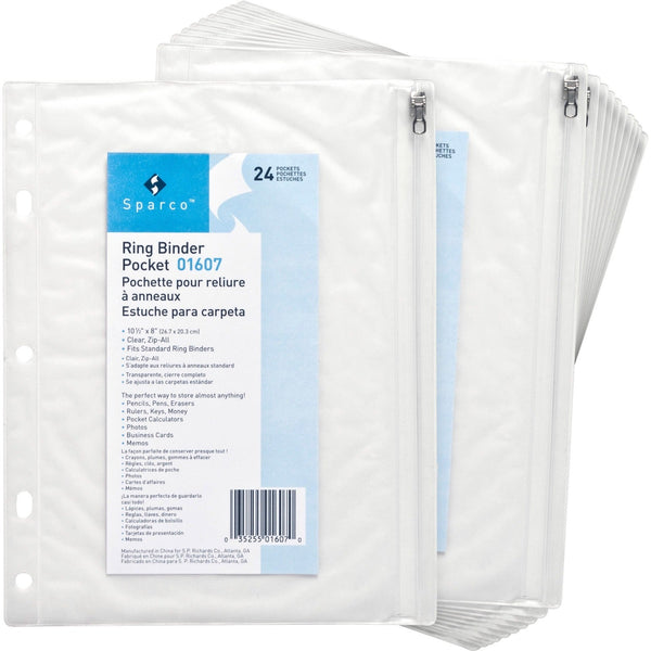 Business Source Ring Binder Pockets,w/Zipper,Plastic,7HP,10"x8",24/BX,Clear (BSN01607BX) Box of 24