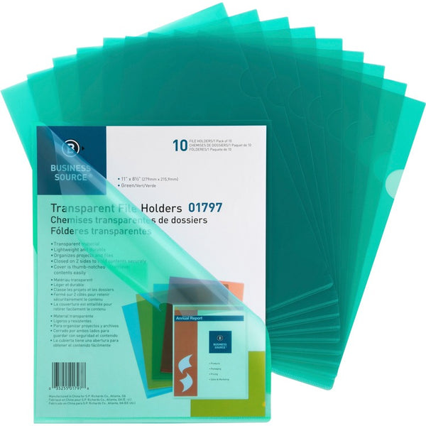 Business Source File Holders, Poly, Transparent, 11"x8-1/2", 10/PK, Green (BSN01797) Pack of 10