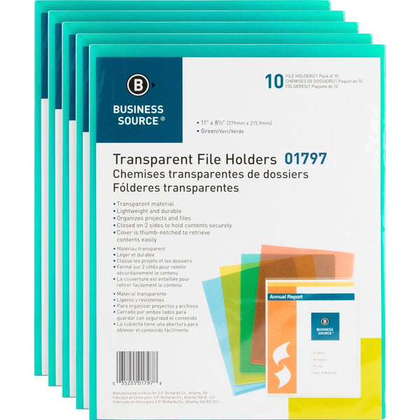 Business Source File Holders, Poly, Transparent, 11"x8-1/2", 50/BX, Green (BSN01797BX) Box of 50