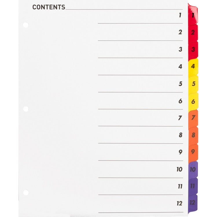 Business Source Index Dividers w/TOC Page, 1-12, 8-1/2"x11", 12 Tabs/ST, Multi (BSN21903) Set of 12
