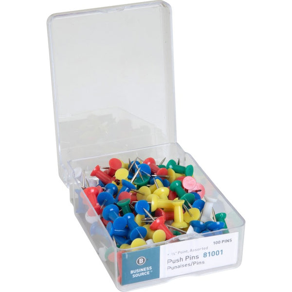 Business Source Pushpins, 3/8" Point, 1/2" Heads, 100/BX, Assorted (BSN81001) Box of 100