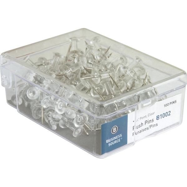 Business Source Pushpins, 3/8" Point, 1/2" Heads, 100/BX, Clear (BSN81002) Box of 100