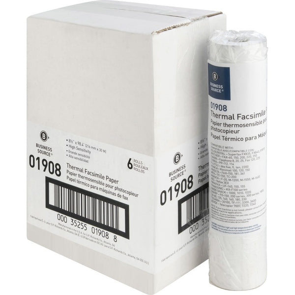 Business Source Fax Paper, 1/2" Core, "H" Sensitivity, 8-1/2"x98', White (BSN01908) Case of 6