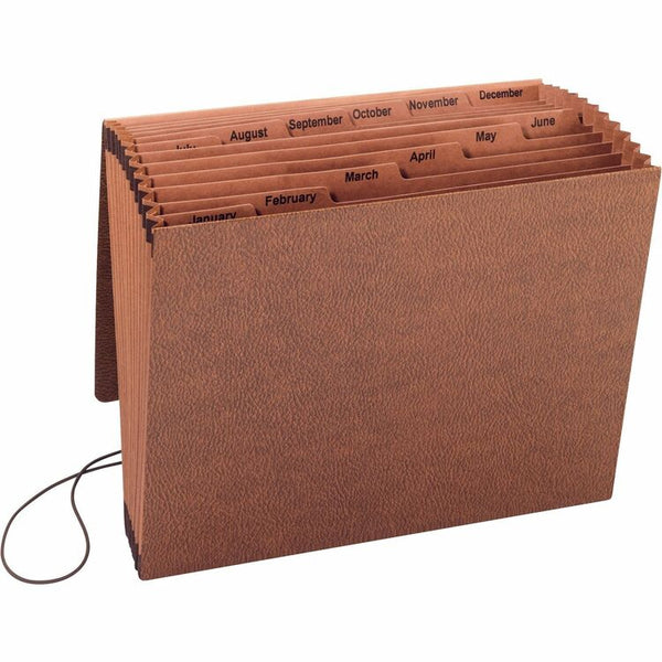 Business Source Accordion File, w/Flap, Jan-Dec, 12 Pocket, Letter, 12"x10", Brown (BSN23682) Each