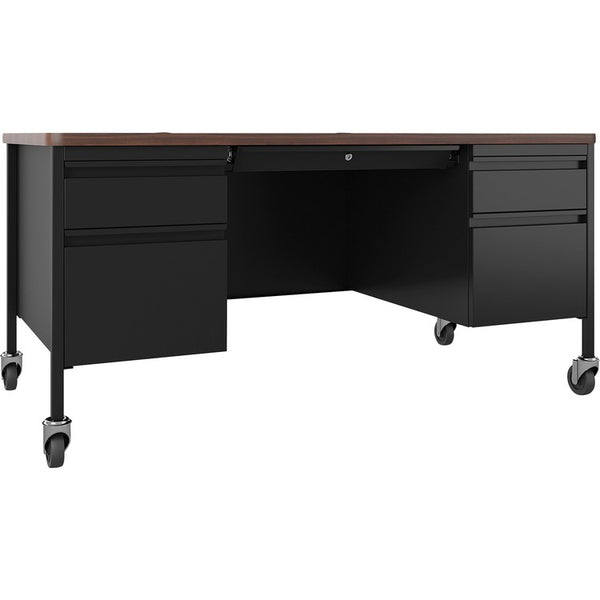 Lorell Desk, Double-Pedestal, Mobile, 60"x30"x29-1/2", Walnut/Black (LLR66945)