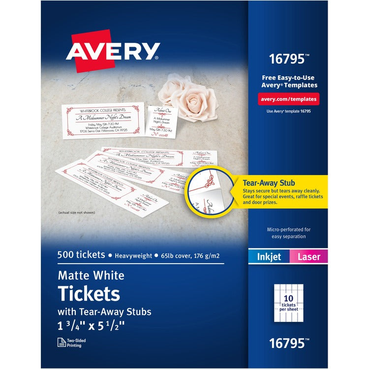 Avery&reg; Tickets w/Stubs, Printable, Uncoated, 1-3/4"x5-1/2", 500/PK, White (AVE16795) Pack of 500