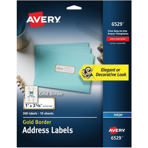 Avery&reg; White Easy Peel Address Labels w/ Border, Inkjet Printers, 1 x 2.63, White, 30/Sheet, 10 Sheets/Pack (AVE6529)