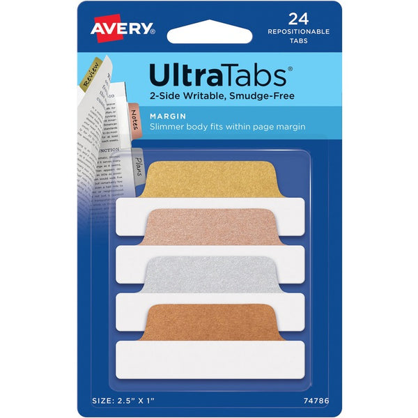 Avery&reg; Ultra Tabs Repositionable Margin Tabs, 1/5-Cut Tabs, Assorted Metallic, 2.5" Wide, 24/Pack (AVE74786)