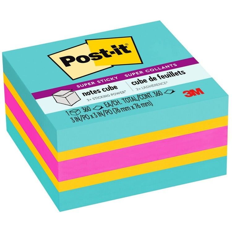 Post-it&reg; Post-it Note Cube, Super Sticky, 3"x3", 360/Cube, Aqua Wave (MMM2027SSAFG) Each