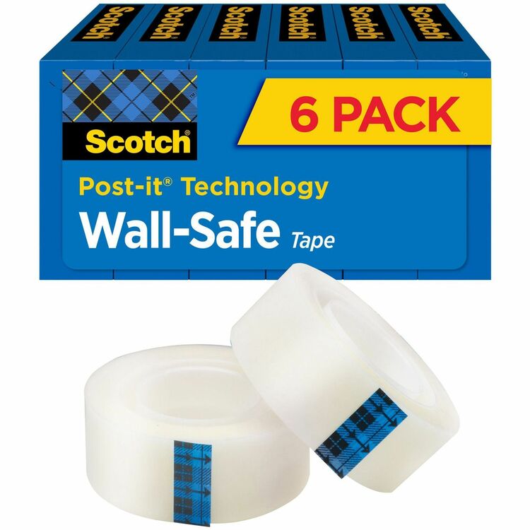 Scotch Wall-Safe Tape, 1" Core, 0.75" x 66.66 ft, Clear, 6/Pack (MMM813S6)