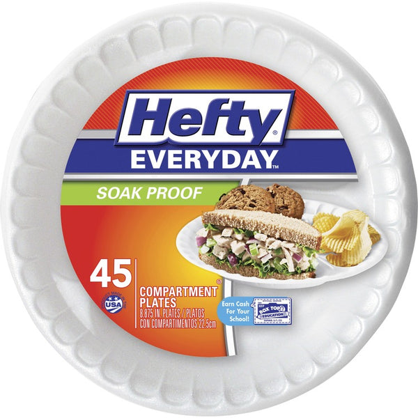 Hefty Foam Plate, 3-Section, Soak-Proof, 8-7/8", 45/PK, White (RFPD28845)