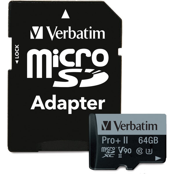 Verbatim Memory Card, w/Adapter, microSDXC, 285MB/s Read, 64GB, Black (VER99168)