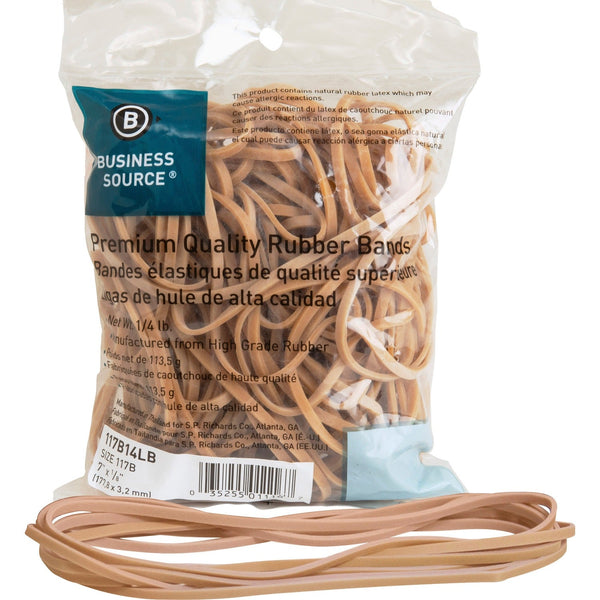 Business Source Rubber Bands, 1/4 lb., Approx. 62/BX, Size 117B, 7"x1/8", Natural (BSN117B14LB) Box of 62