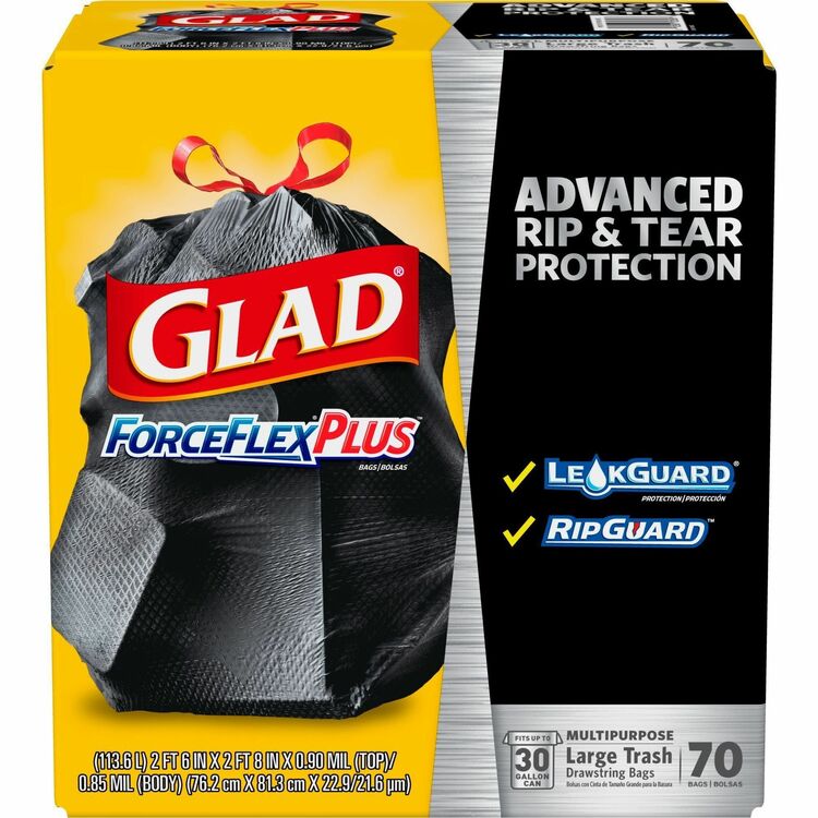 Glad ForceFlex Tall Kitchen Trash Bags, 30 gal, 1.05 mil (27 Micron) Thickness, Black, 9800/Pallet, 70 Per Box, Kitchen, Outdoor, Commercial, Office (CLO70358PL) 140 Cases