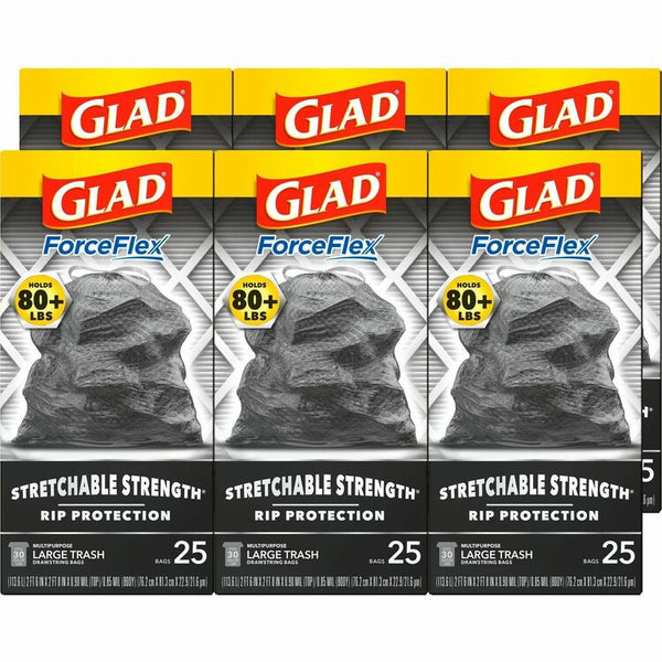 Glad ForceFlexPlus Drawstring Large Trash Bags, 30 gal, Black, 25/BX, 6/CT (CLO70359CT) Case of 6