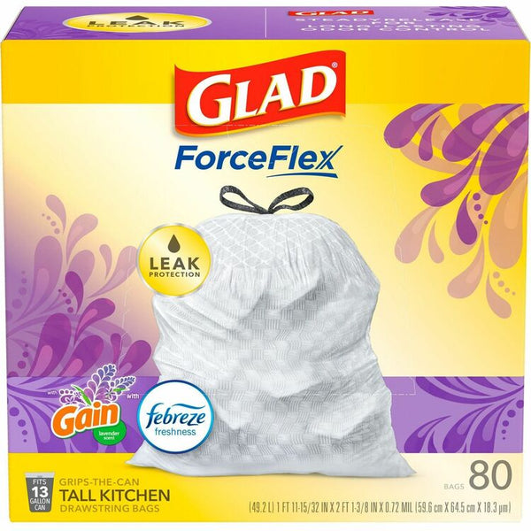 Glad ForceFlex Tall Kitchen Drawstring Trash Bags, 13 gal, 24.02" x 27.36" Length x 0.78 mil (20 Micron) Thickness, White, 19200/Pallet, Kitchen, Garbage, Office (CLO78902PL)