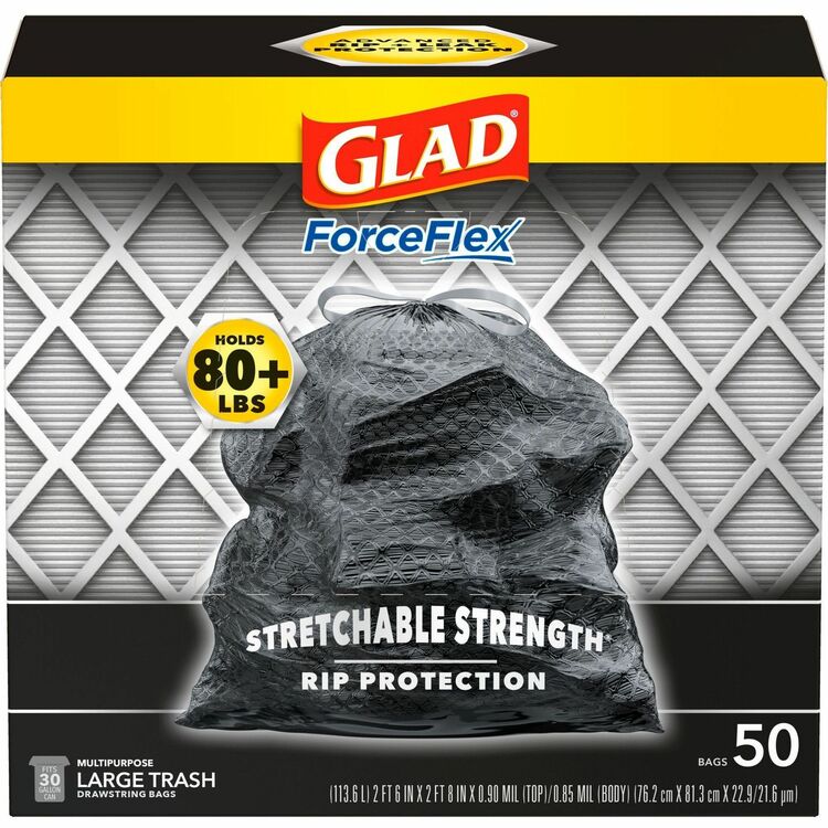 Glad Trash Bags, Drawstring, 30 Gal, 0.90mil, 50/BX, 150/CT, Black (CLO78997CT) Case of 150