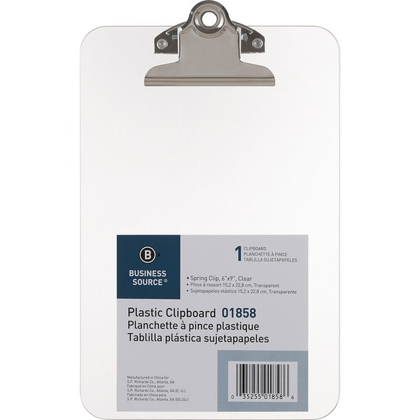 Business Source Clipboard, Plastic, w/Spring Clip, 6"x9", Clear (BSN01858) Each
