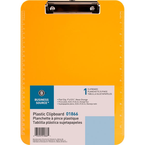 Business Source Clipboard, Plastic, w/Flat Clip, 9"x12", Neon Orange (BSN01866) Each