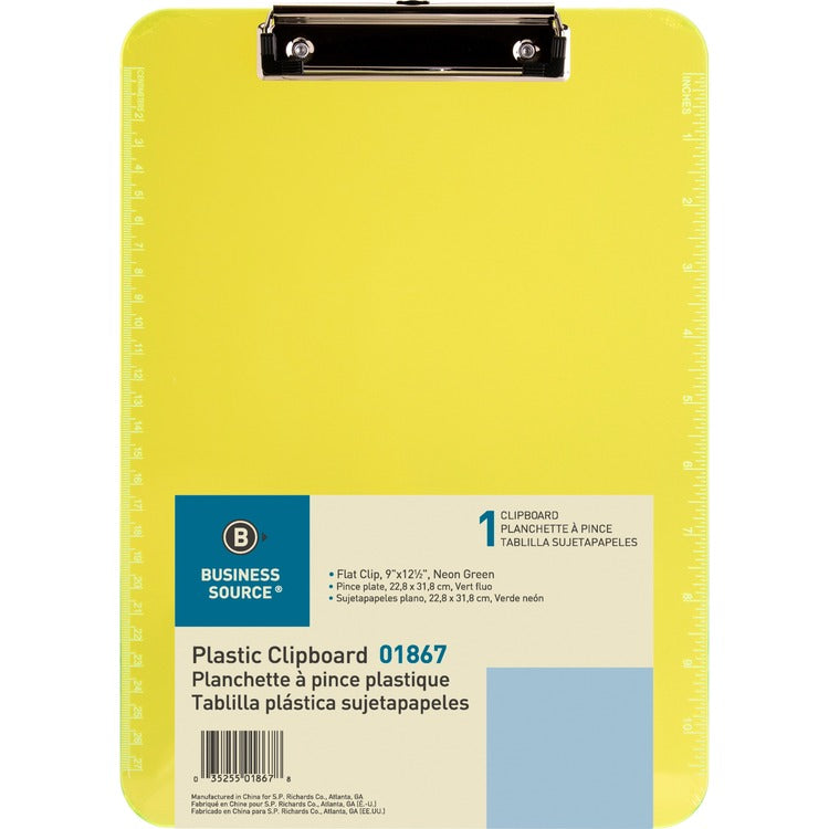 Business Source Clipboard, Plastic, w/Flat Clip, 9"x12", Neon Green (BSN01867) Each