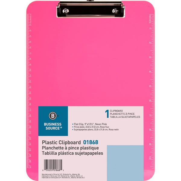Business Source Clipboard, Plastic, w/Flat Clip, 9"x12", Neon Pink (BSN01868) Each