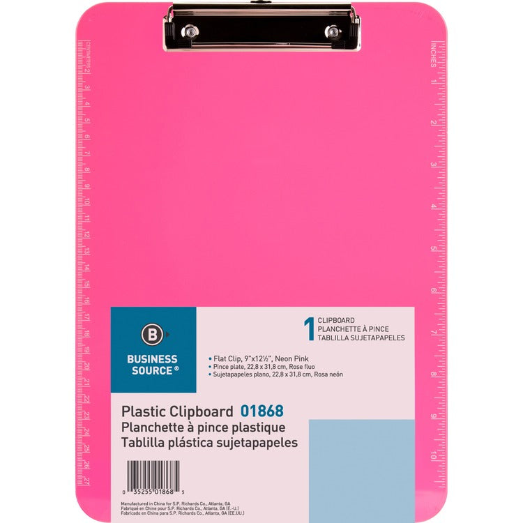 Business Source Clipboard, Plastic, w/Flat Clip, 9"x12", Neon Pink (BSN01868) Each