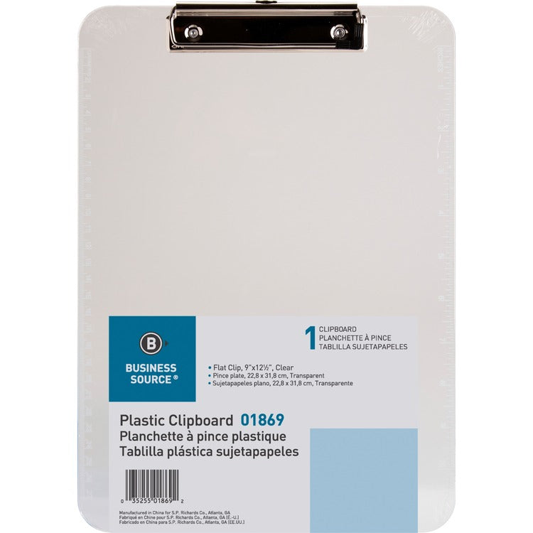 Business Source Clipboard, Plastic, w/Flat Clip, 9"x12", Clear (BSN01869) Each