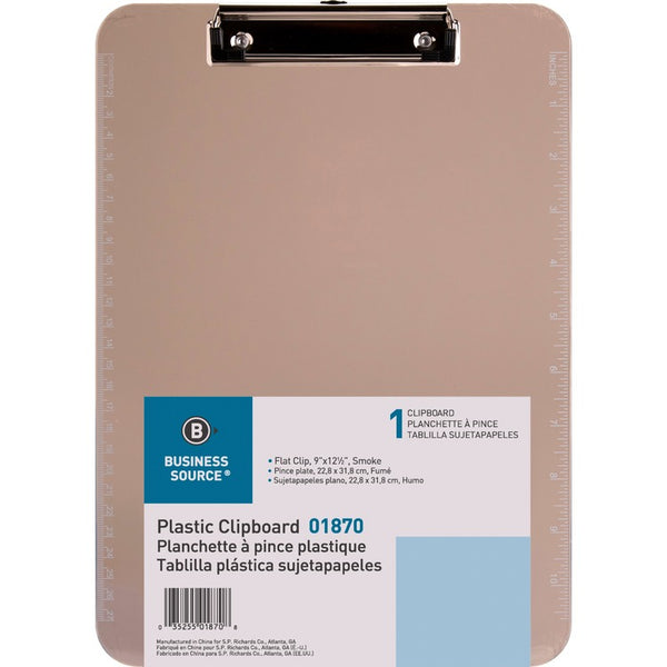 Business Source Clipboard, Plastic, w/Flat Clip, 9"x12", Smoke (BSN01870) Each
