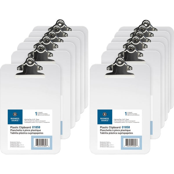 Business Source Clipboard, Plastic, w/Spring Clip, 6"x9", 12/BX, Clear (BSN01858BX) Box of 12