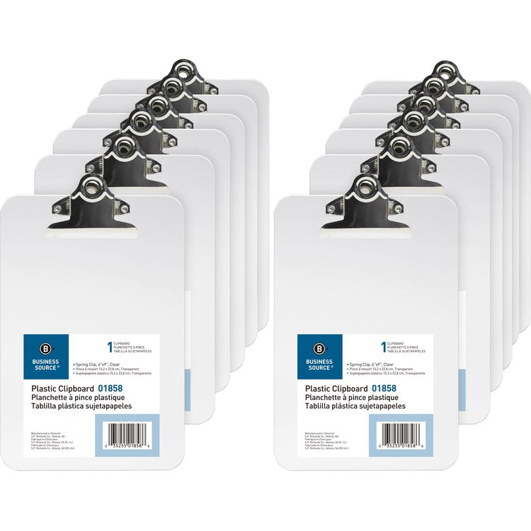 Business Source Clipboard, Plastic, w/Spring Clip, 6"x9", 12/BX, Clear (BSN01858BX) Box of 12