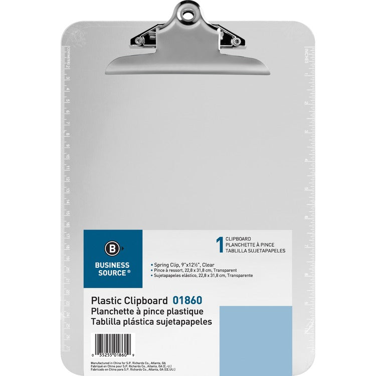 Business Source Clipboard, Plastic, w/Spring Clip, Ruler, 9