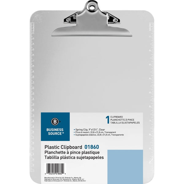 Business Source Clipboard, Plastic, w/Spring Clip, Ruler, 9"x12", Clear (BSN01860) Each