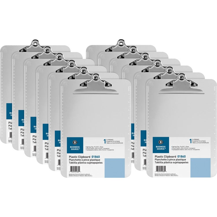 Business Source Clipboard, Plastic, w/Spring Clip, Ruler, 12/BX, Clear (BSN01860BX) Box of 12