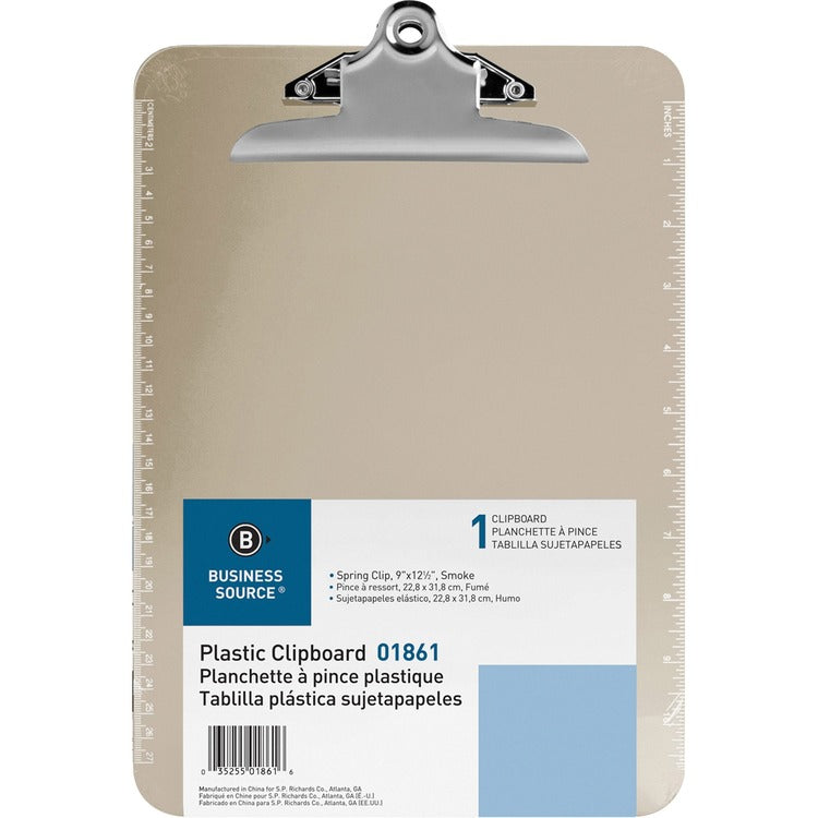 Business Source Clipboard, Plastic, w/Spring Clip, Ruler, 9"x12", Smoke (BSN01861) Each