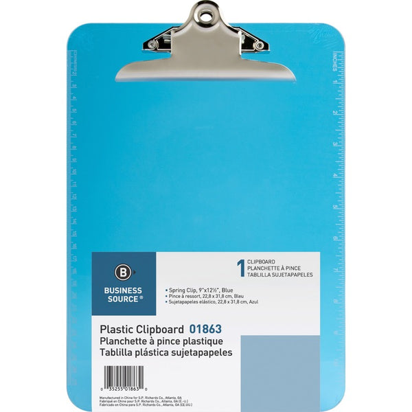 Business Source Clipboard, Plastic, w/Spring Clip, Ruler, 9"x12", Blue (BSN01863) Each