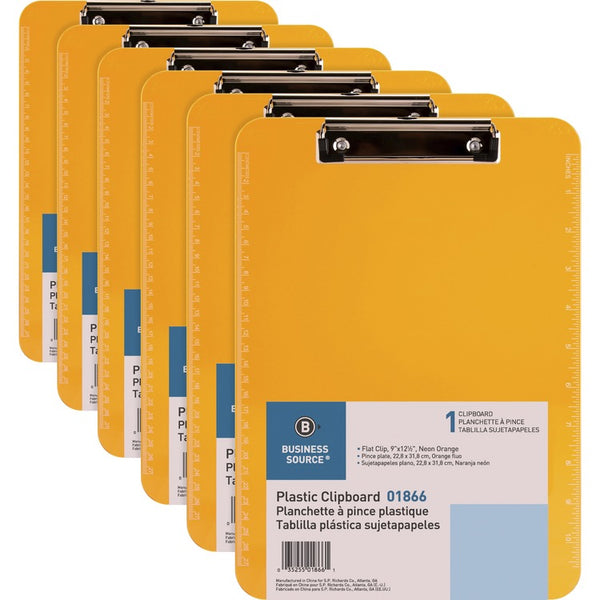 Business Source Clipboards, Plastic, w/Flat Clip, 9"x12", 6/Bundle, Neon Orange (BSN01866BD) 6 per Bundle