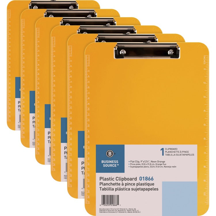 Business Source Clipboards, Plastic, w/Flat Clip, 9"x12", 6/Bundle, Neon Orange (BSN01866BD) 6 per Bundle