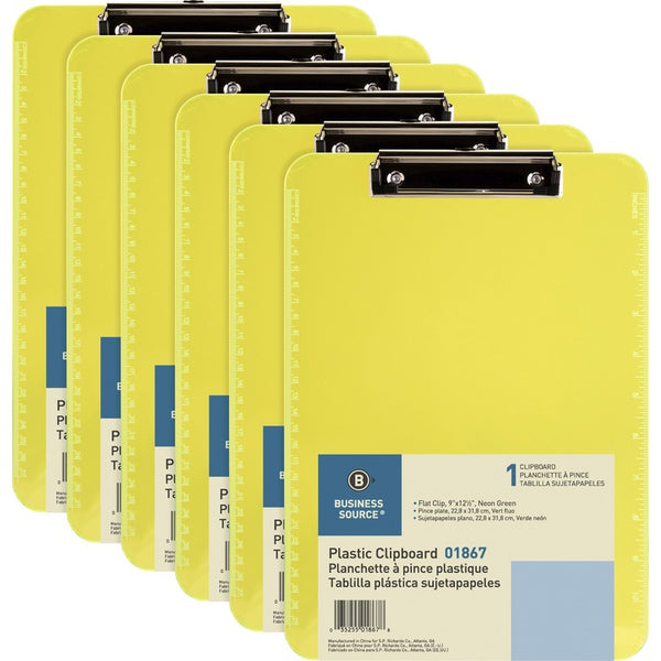 Business Source Clipboards, Plastic, w/Flat Clip, 9"x12", 6/Bundle, Neon Green (BSN01867BD) 6 per Bundle