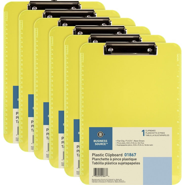 Business Source Clipboards, Plastic, w/Flat Clip, 9"x12", 6/Bundle, Neon Green (BSN01867BD) 6 per Bundle