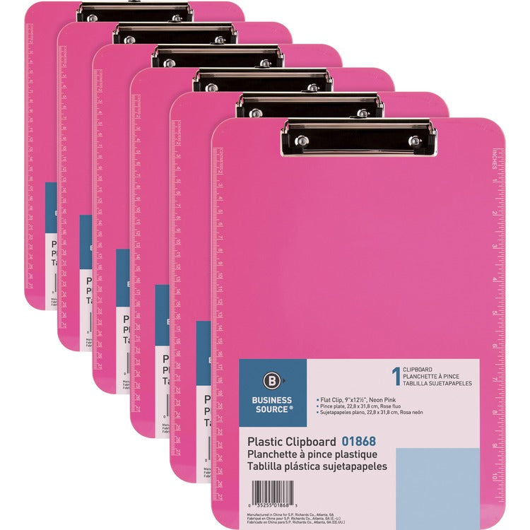 Business Source Clipboards, Plastic, w/Flat Clip, 9"x12", 6/Bundle, Neon Pink (BSN01868BD) 6 per Bundle