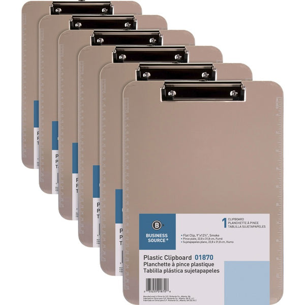 Business Source Clipboards, Plastic, w/Flat Clip, 9"x12", 6/Bundle, Smoke (BSN01870BD) 6 per Bundle