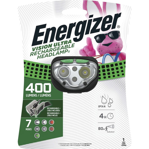 Energizer Headlamp, LED, Rechargeable, 400 Lumens, 80m, Black (EVEENHDFRLP) Each