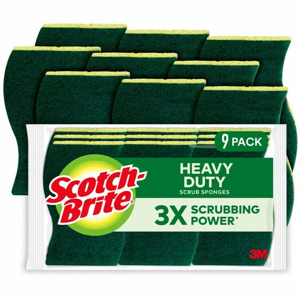 Scotch-Brite Heavy-Duty Scrub Sponges, 2.8", x 4.5" Width, 9/Pack, Yellow, Green (MMM4295)